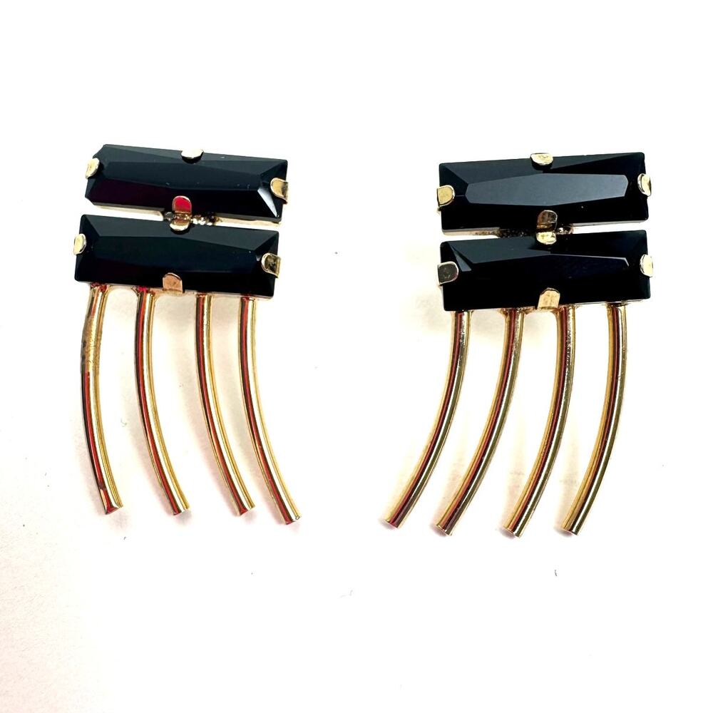 Black Crystal Gold Tone Geometric Fringe Statement Earrings Art Deco Modernist